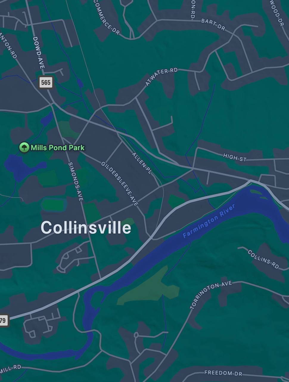 Map of Collinsville, Connecticut showing the Farmington River winding past Mills Pond Park and the surrounding neighborhood.
